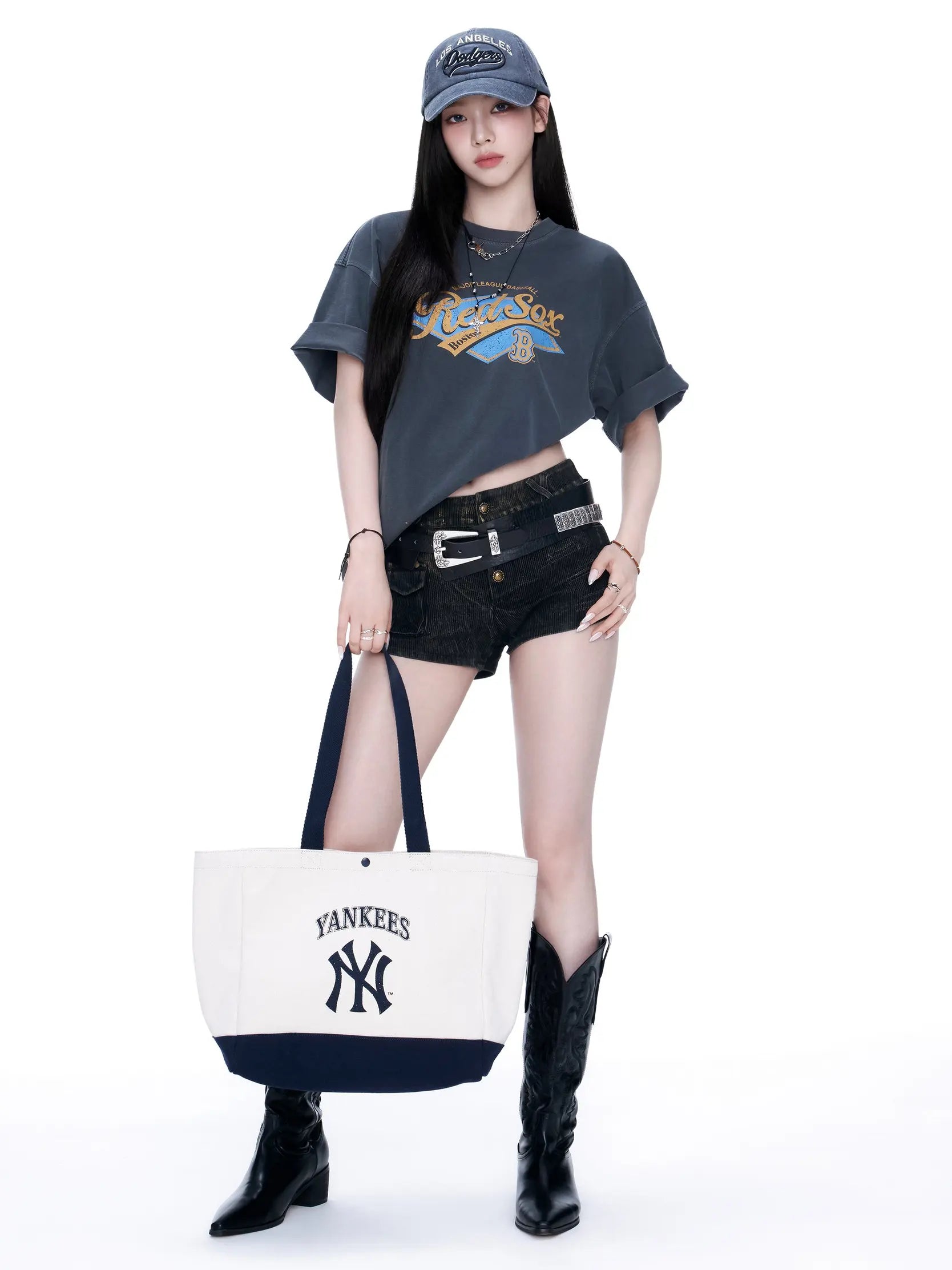 [MLB] Vintage Lettering Denim Shopper Bag /追跡付 ☆【mlb】Vintage lettering denim shopper bag LA - 2COLOR