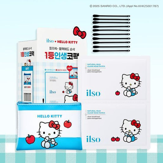 [Hello Kitty X Ilso Natural Mild Clear Nose Pack 10 Sheets (+Hello Kitty Pouch + 20 Extruded Cotton Swabs)