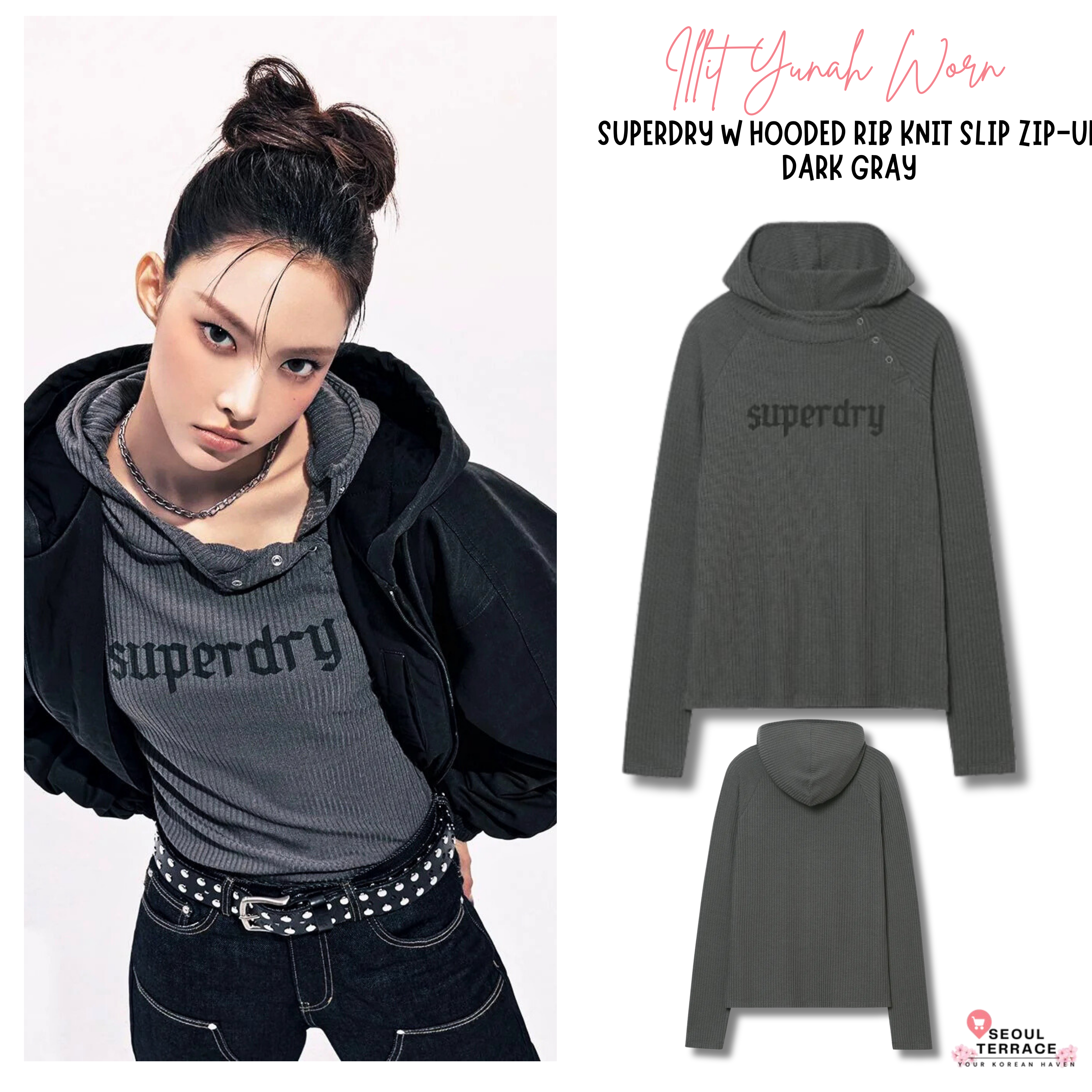  Illit Yunah Worn Superdry W Hooded Rib Knit Slip Zip up Dark Gray 
