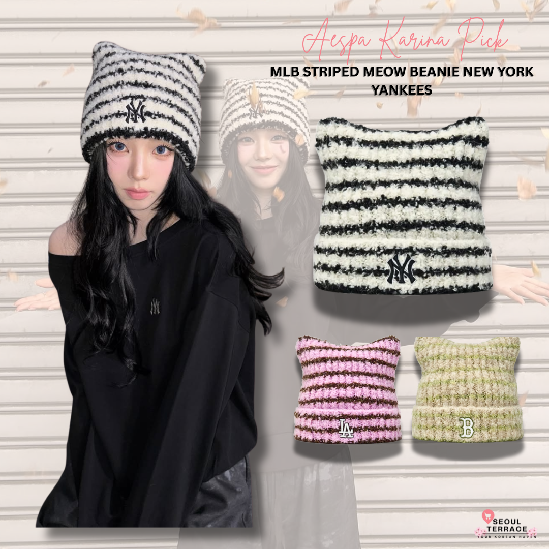 aespa KARINA 愛用 MLB KOREA 猫耳ニットキャップ ネイビー aespaカリナ着用☆MLB Plush Meow Beanie 猫耳ニット帽 黒 (MLB Korea