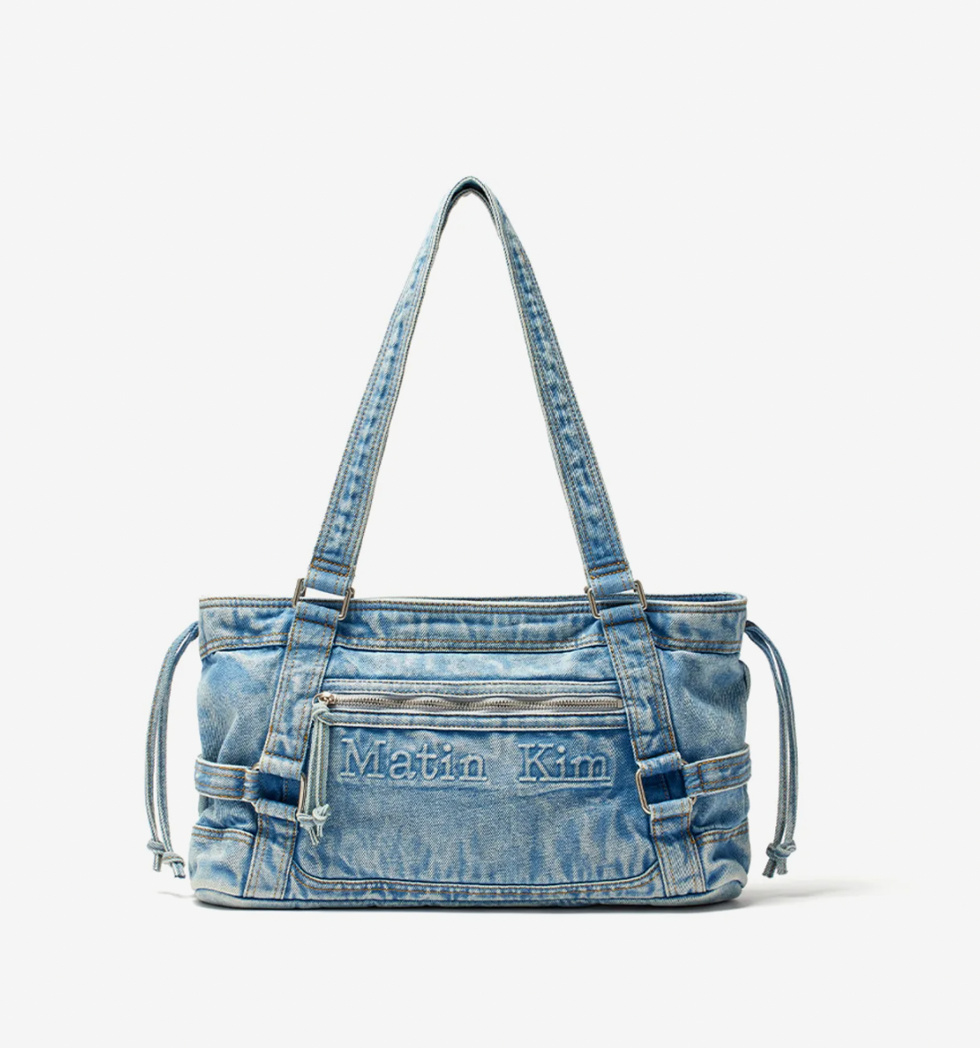 MATIN KIM WASHED DENIM SQUARE BAG IN LIGHT BLUE