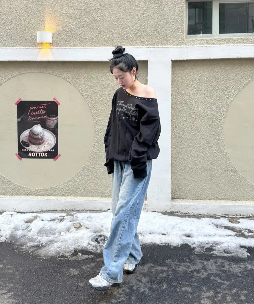 ILLIGO - One Shoulder Boat Neck Sweatshirts