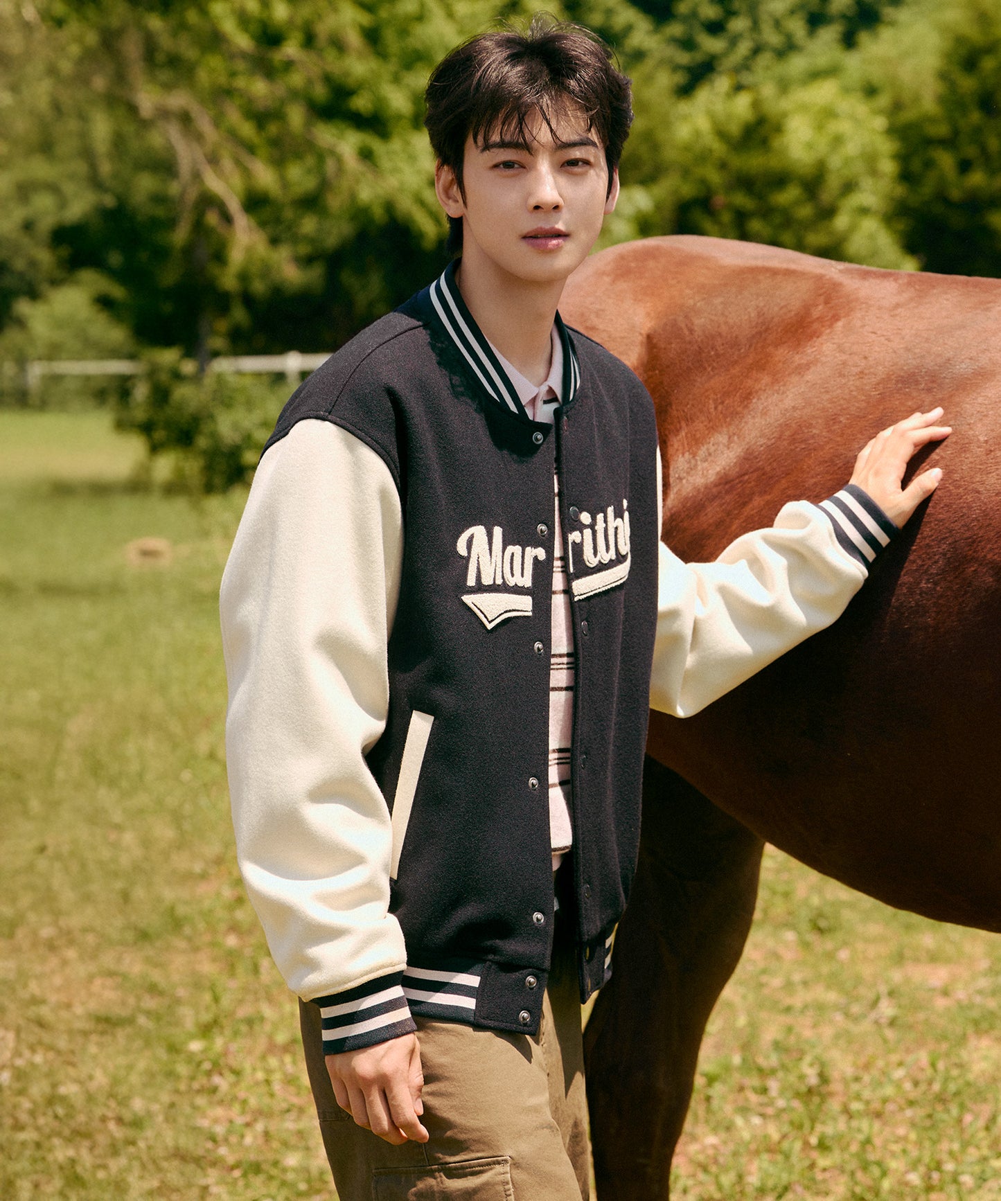 [Worn by Cha Eunwoo] Marithé et François Girbaud Logo Point Wool Varsity Jacket
