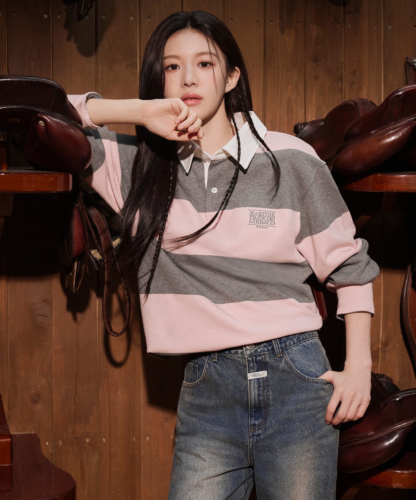 [Cha Eunwoo & Go Youn Jung Worn] Marithé et François Girbaud Classic Logo Stripe Rugby Sweatshirt