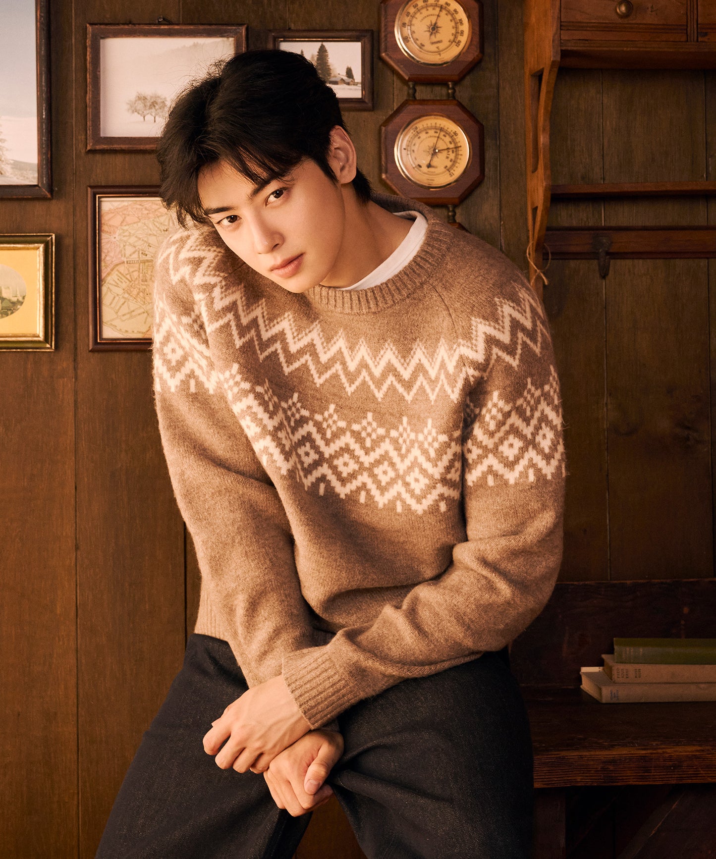 [Ch[Cha Eunwoo & Go Youn Jung Worn] Marithé et François Girbaud Fairisle Crew Neck Knit Pullover
