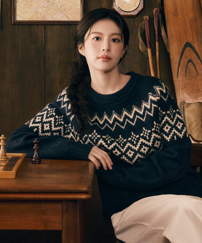 [Ch[Cha Eunwoo & Go Youn Jung Worn] Marithé et François Girbaud Fairisle Crew Neck Knit Pullover