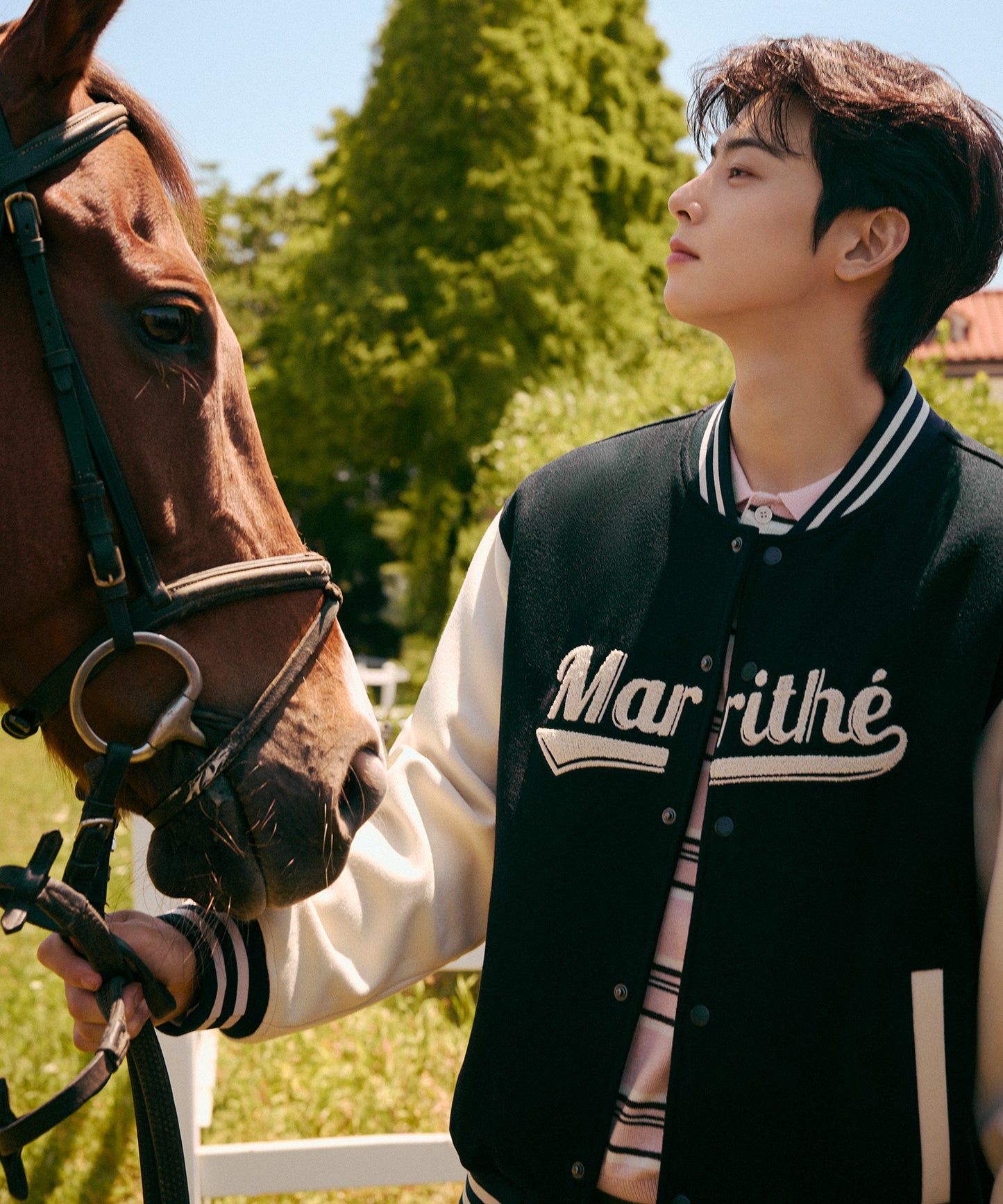 [Worn by Cha Eunwoo] Marithé et François Girbaud Logo Point Wool Varsity Jacket