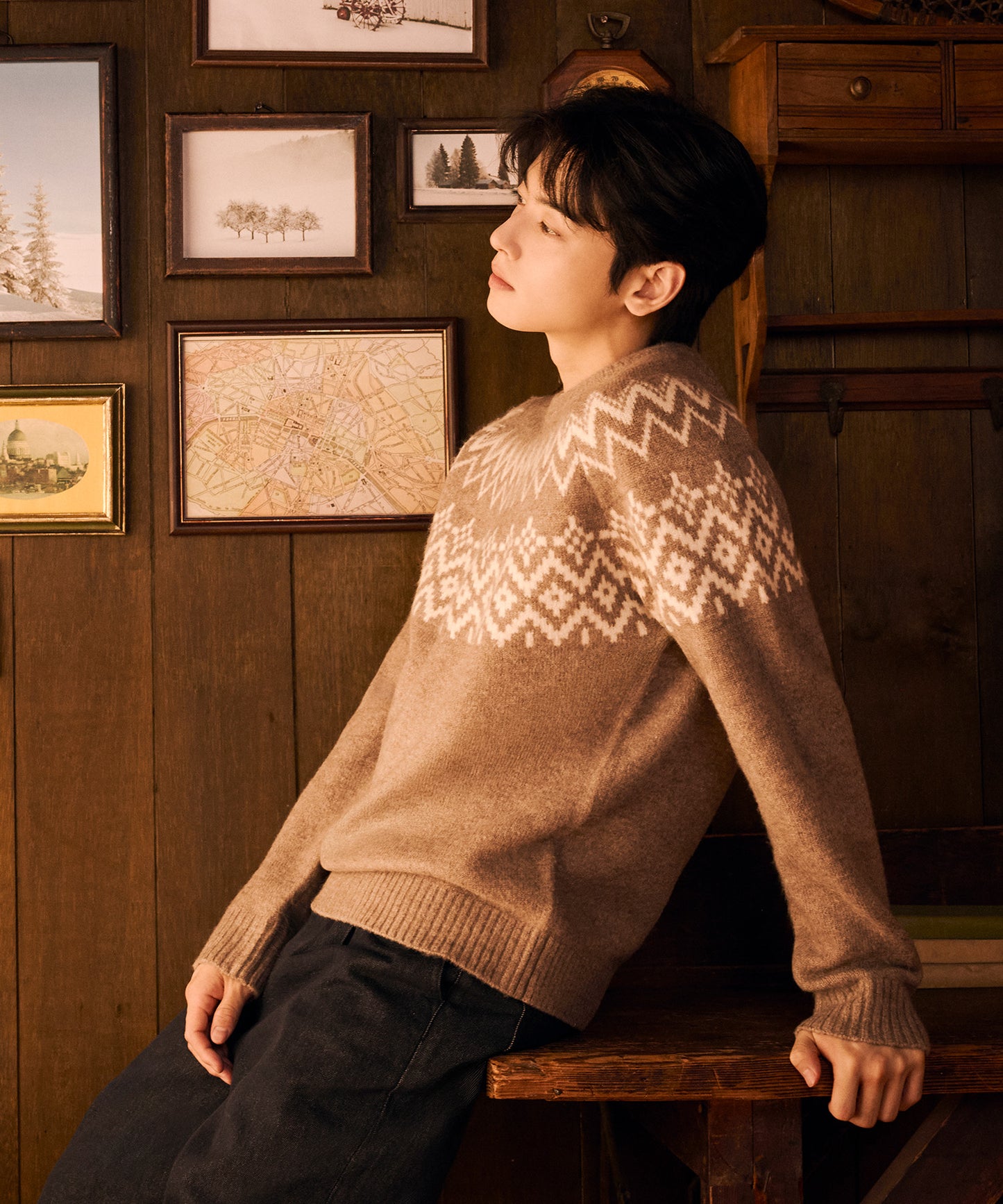 [Ch[Cha Eunwoo & Go Youn Jung Worn] Marithé et François Girbaud Fairisle Crew Neck Knit Pullover