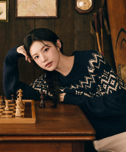 [Ch[Cha Eunwoo & Go Youn Jung Worn] Marithé et François Girbaud Fairisle Crew Neck Knit Pullover