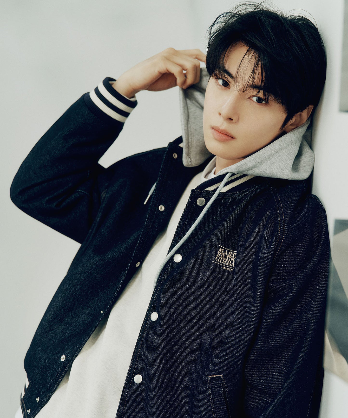 [Cha Eunwoo Worn] Marithé et François Girbaud Classic Logo Raglan Denim Varsity Jacket