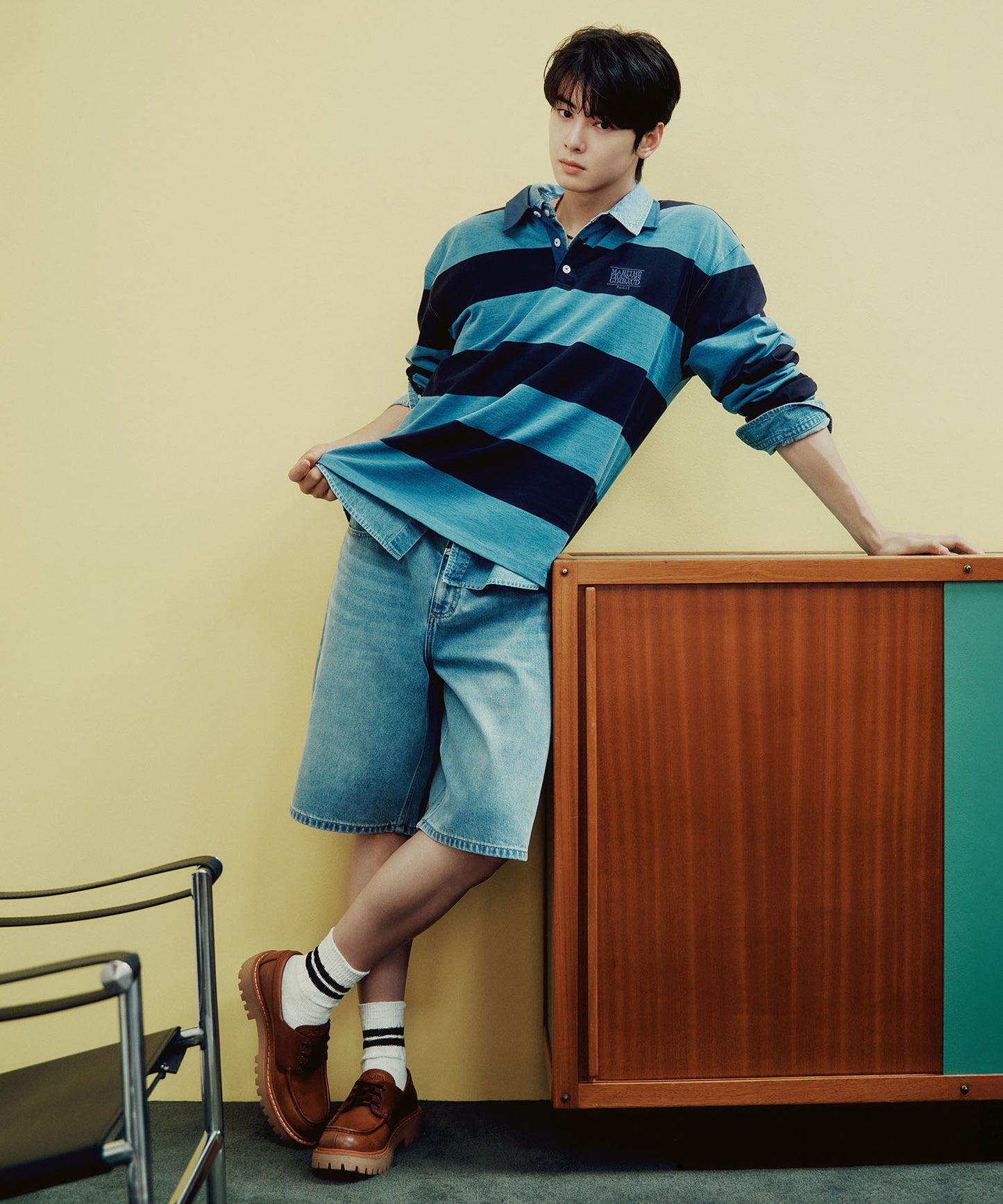 [Cha Eunwoo Worn] Marithé et François Girbaud Washed Denim Collar Long Sleeve Tee