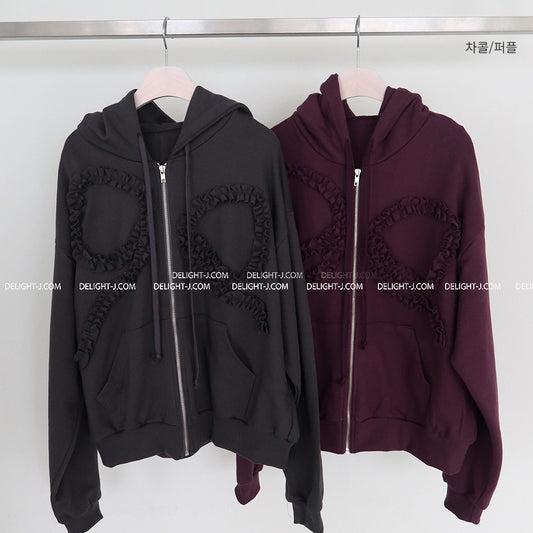 DELIGHT J - Ribbon Frill Hooded Zip-Up Jacket (FW Oversized Boxy Fit)
