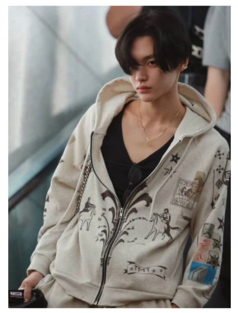 [Blackpink Jennie & RIIZE Wonbin Top Worn] Toomuchtax Printed Waffle Zip-Up Hoodie