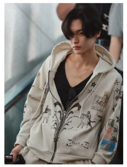 [Blackpink Jennie & RIIZE Wonbin Top Worn] Toomuchtax Printed Waffle Zip-Up Hoodie