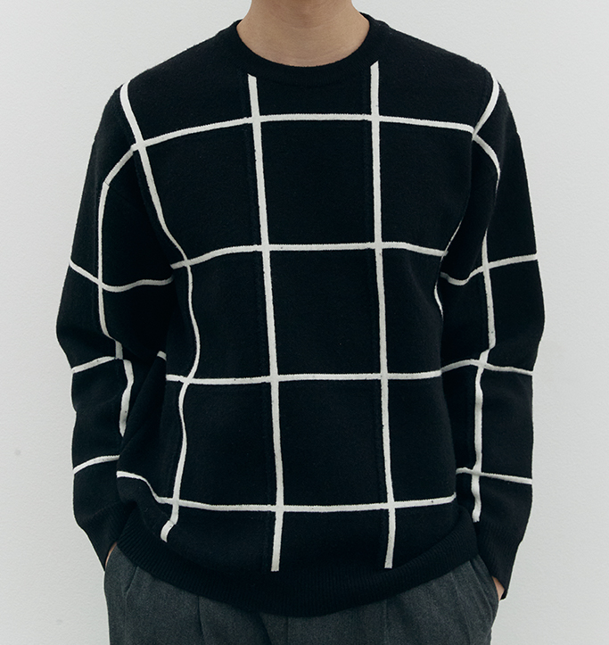 [Cha Eun Woo Worn] Liber Classy Black Check Pattern Round Knit