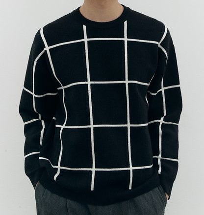 [Cha Eun Woo Worn] Liber Classy Black Check Pattern Round Knit