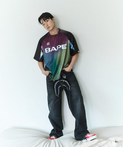 [Ateez San X BAPE] Tie-Dye Star Stripe Pattern Relaxed Fit Football Jersey T-Shirt (M)