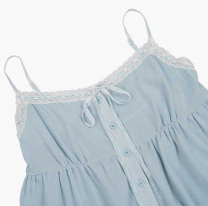 [Aespa Karina Worn] ROUGHNECK Bell Chiffon Lace Top Blue