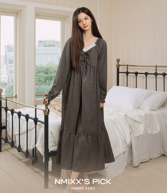 [Nmixx X Dossy] Silk Fit Dust Long Sleeve Pajama Dress
