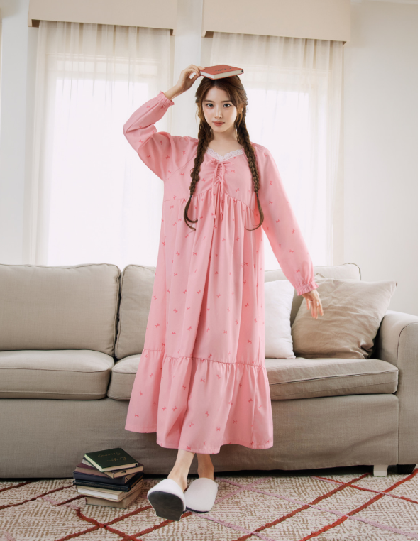 [Nmixx X Dossy] Silk Fit Bunny Pink Long Sleeve Pajama Dress