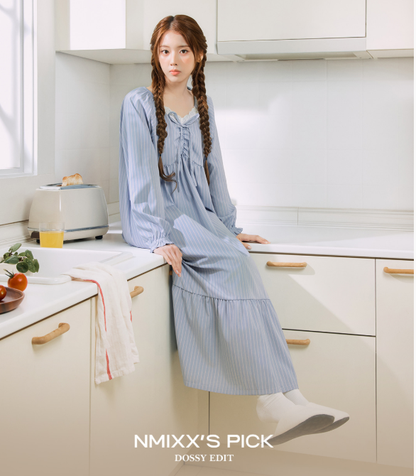 [Nmixx X Dossy] Silk Fit Blue Bee Long Sleeve Pajama Dress
