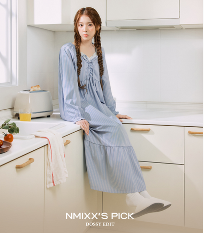 [Nmixx X Dossy] Silk Fit Blue Bee Long Sleeve Pajama Dress