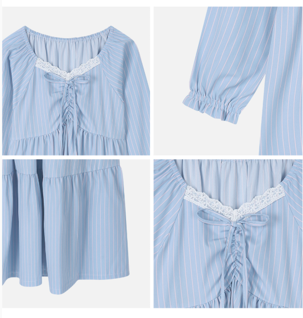 [Nmixx X Dossy] Silk Fit Blue Bee Long Sleeve Pajama Dress