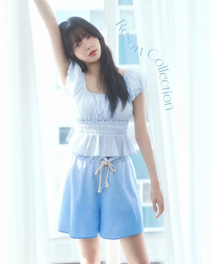 [Lesserafim Eunchae Pick] Gelato Pique Shirring Detail Pullover/Gradient flare shorts