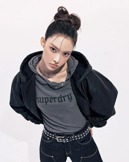 [Illit Yunah Worn] Superdry W Hooded Rib Knit Slip Zip-up Dark Gray