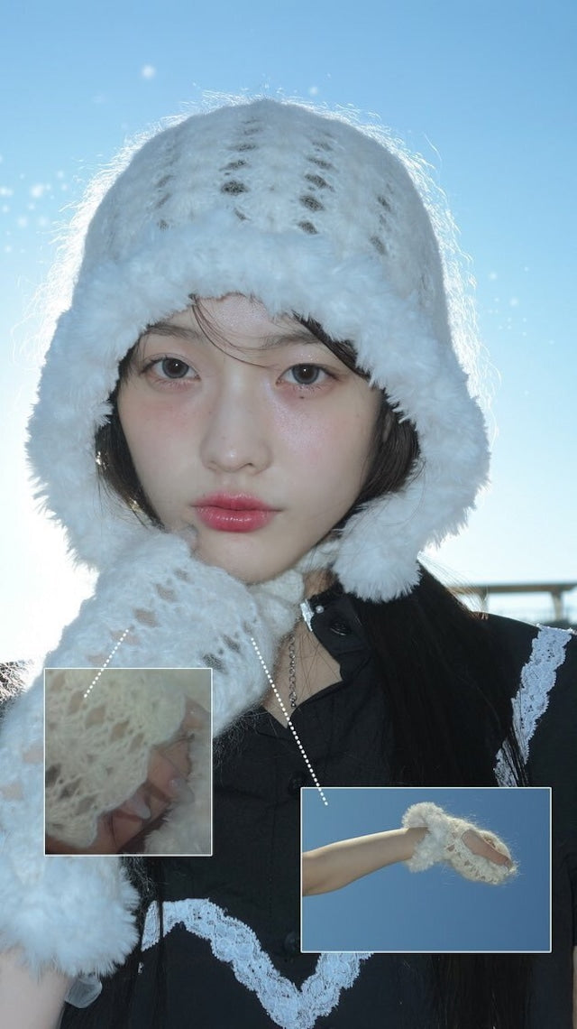 [Illit Iroha Worn] Handicraft Knit Bonnet Hat_Cream