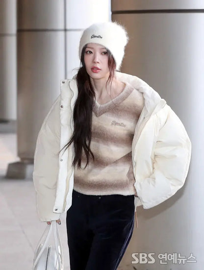 [Illit Moka Worn] Superdry W Crop Gradation  V-Neck Knit Dark Beige