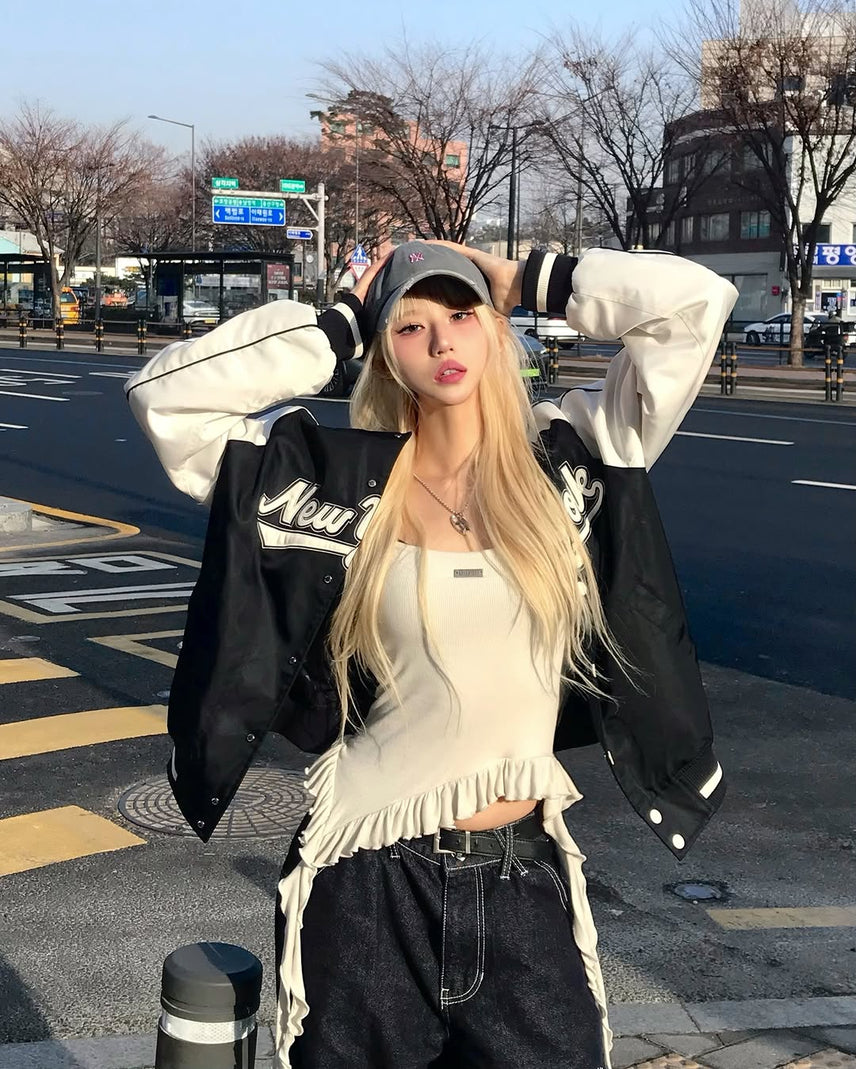 [Aespa Karina & TWS Pick] 26SS MLB Nylon Front Cursive Varsity Jacket – New York Mets