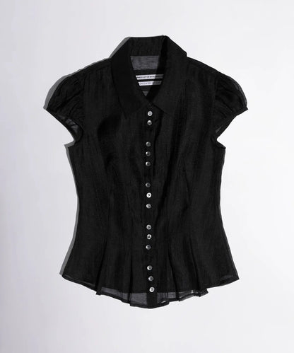 [Babymonster Asa Worn] SCULPTOR Sheer Pleated Hem Blouse