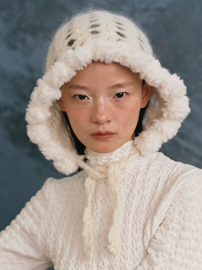 [Illit Iroha Worn] Handicraft Knit Bonnet Hat_Cream