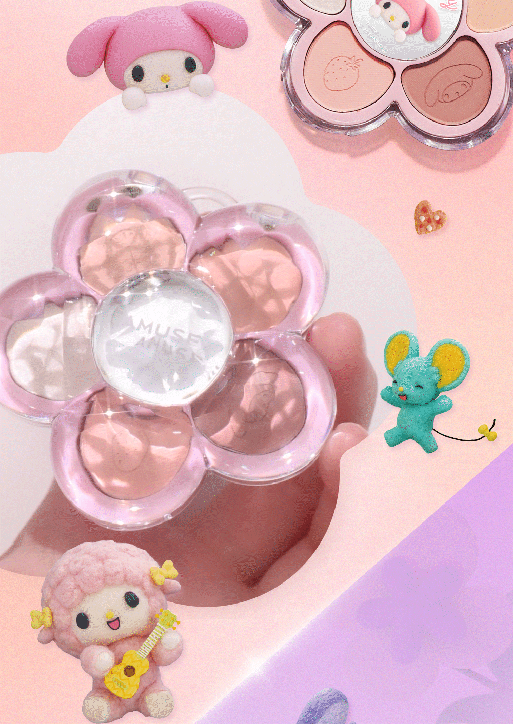 [My Melody & Kuromi Limited Edition] Amuse Flower Eye Palette (+Friend Acrylic Keyring + Character Seal)