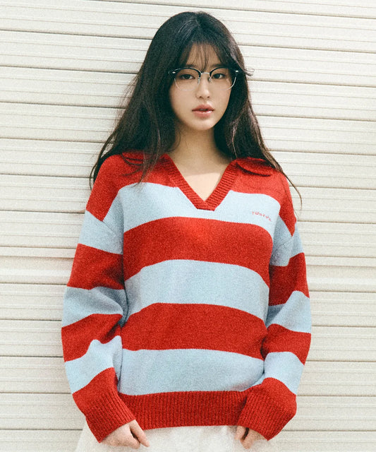 [Ive Wonyoung Worn] RolaRola Wool Blended collar Stripe Boarder - Red Blue