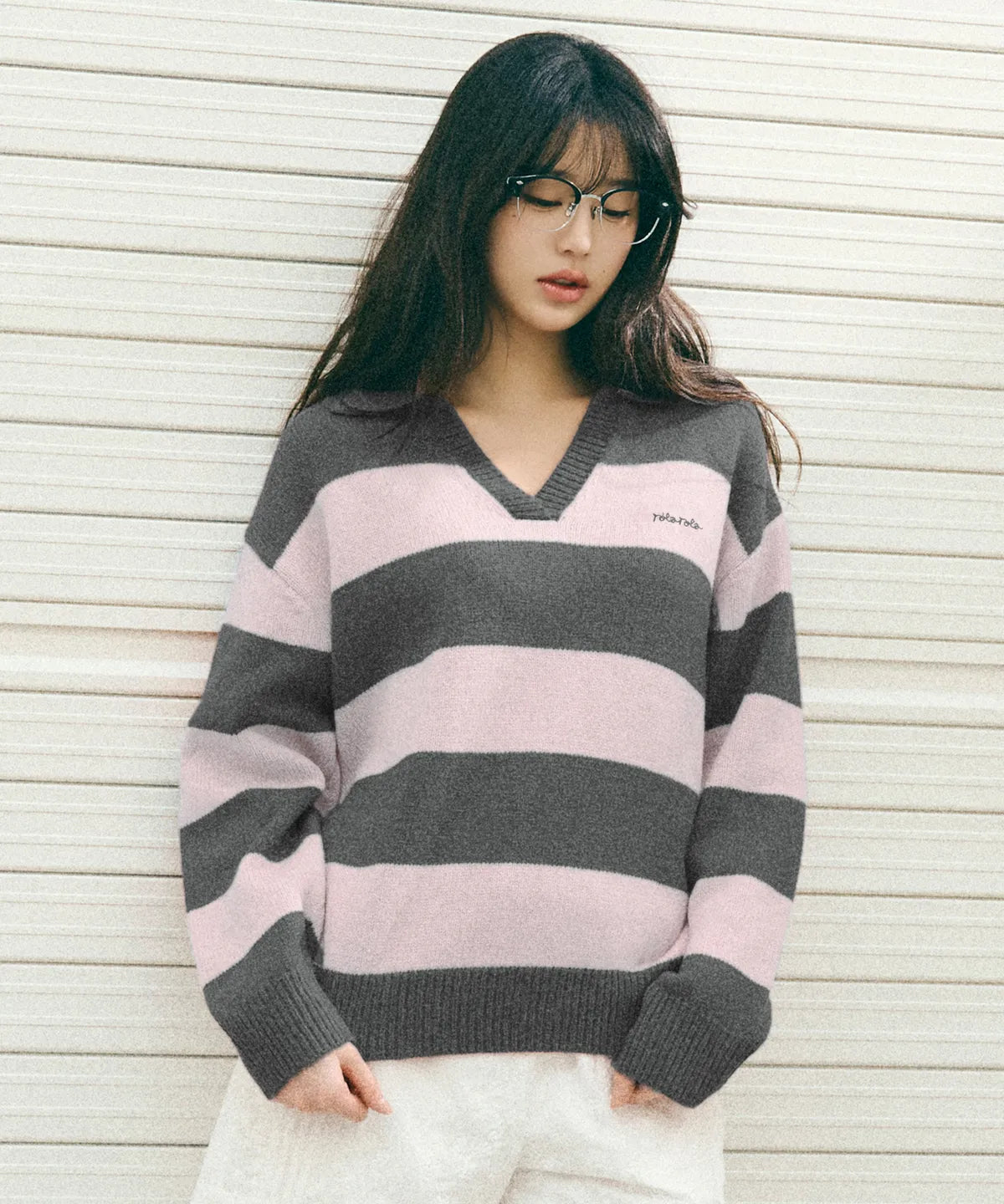 [Ive Wonyoung Worn] RolaRola Wool Blended collar Stripe Boarder - Red Blue