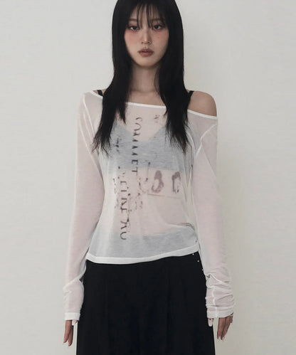 ETRE AU SOMMET Lettering Logo Boat Neck See-Through Tee