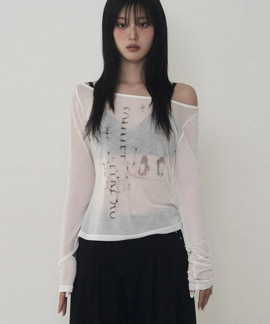 ETRE AU SOMMET Lettering Logo Boat Neck See-Through Tee