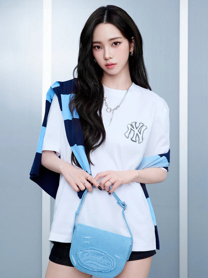 [Aespa Karina Pick] MLB  Lettering Vintage Denim Crossbody Bag
