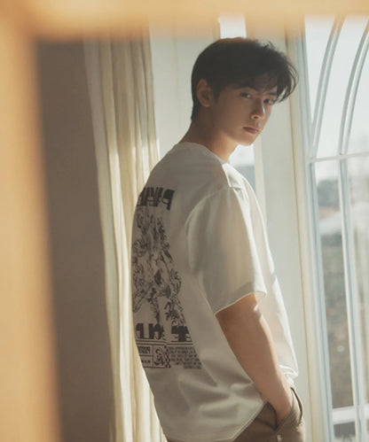 [Cha Eun Woo Worn] Liber Classy White Flower Artwork Half T-Shirt