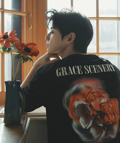 [Cha Eun Woo Worn] Liber Classy  Black Tornado Flower Artwork Half T-Shirt