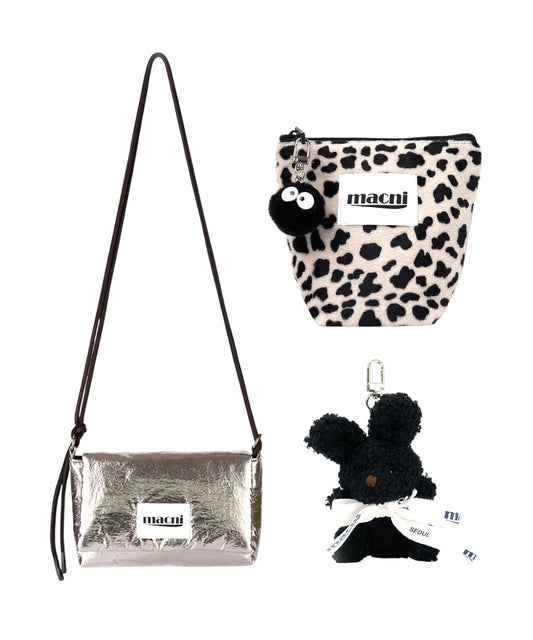Macni - Glossy String Bag, Leopard Pouch & Mini Rabbit Keyring Set