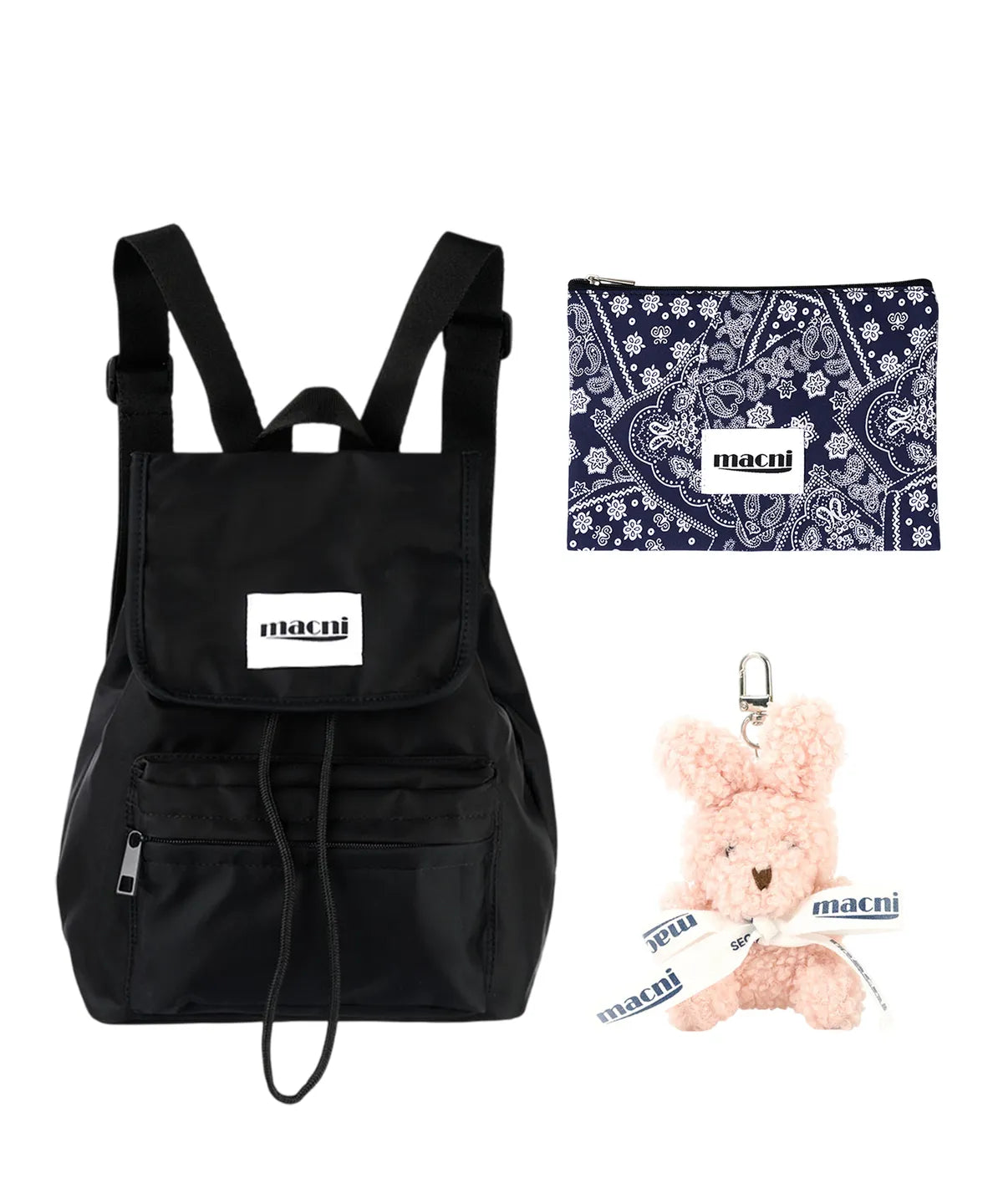 Macni - Flap String backpack, Paisley Slim Pouch Navy & Mini Rabbit Keyring Pink Set