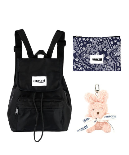 Macni - Flap String backpack, Paisley Slim Pouch Navy & Mini Rabbit Keyring Pink Set