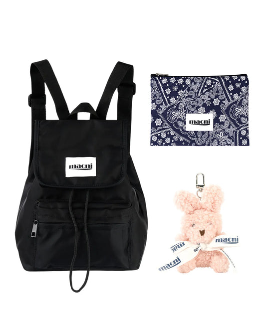 Macni - Flap String backpack, Paisley Slim Pouch Navy & Mini Rabbit Keyring Pink Set