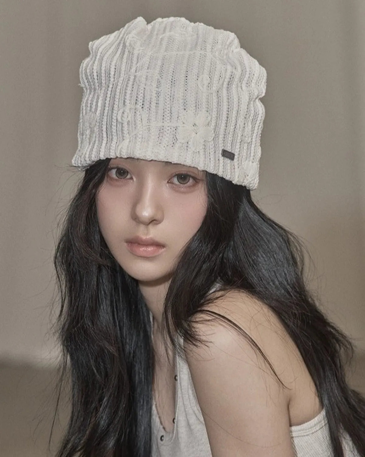 Khaki Point Flower Beanie