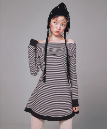 YOUHEE Stripe Off-Shoulder Dress