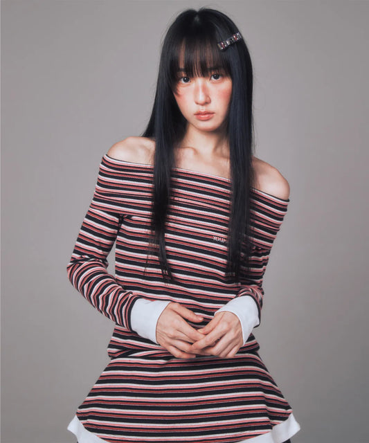 YOUHEE Stripe Off-Shoulder Dress