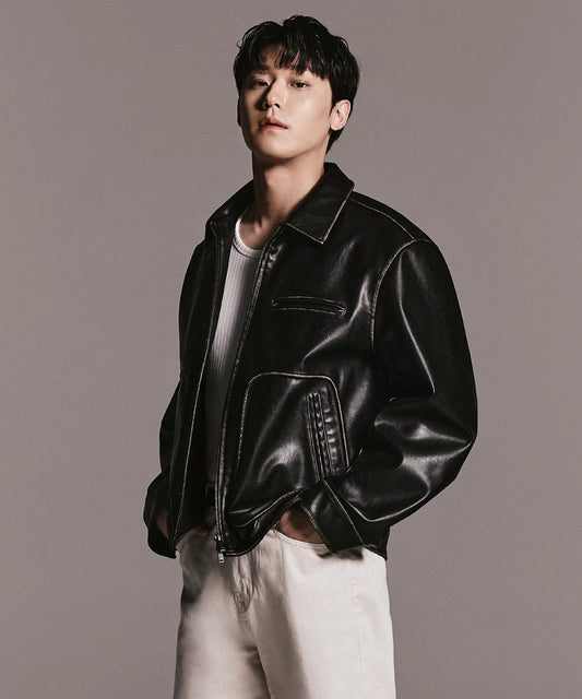 [Lee Do-hyun Pick] 25FW MS Faded Synthetic Leather Drizzler Jacket - Black
